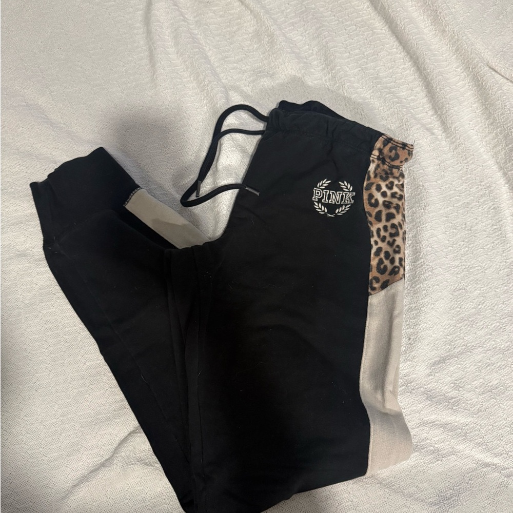 PINK Victoria's Secret Black and Cream joggers with Leopard Accent